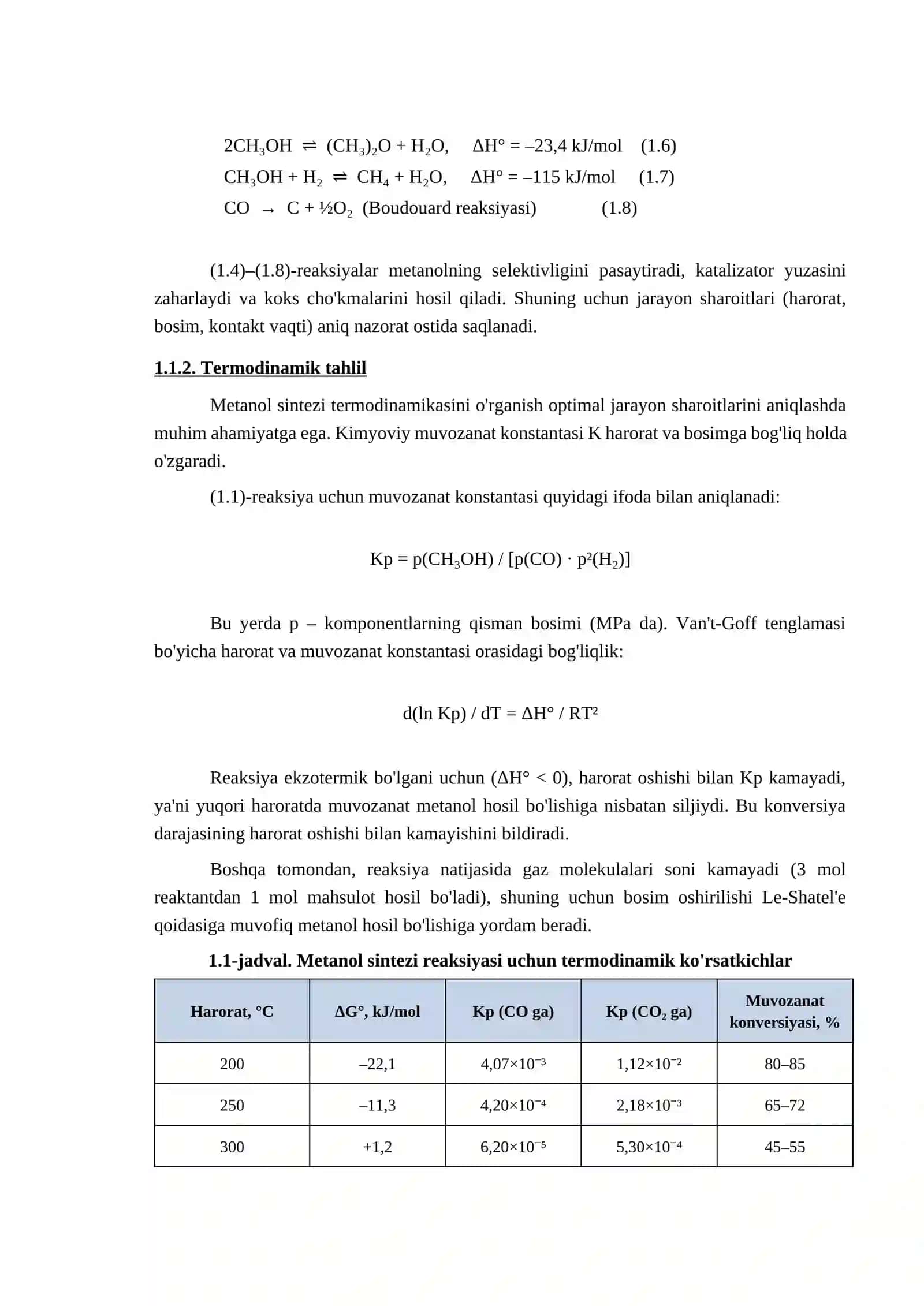 Metanol ishlab chiqarishning nazariy asoslari 2