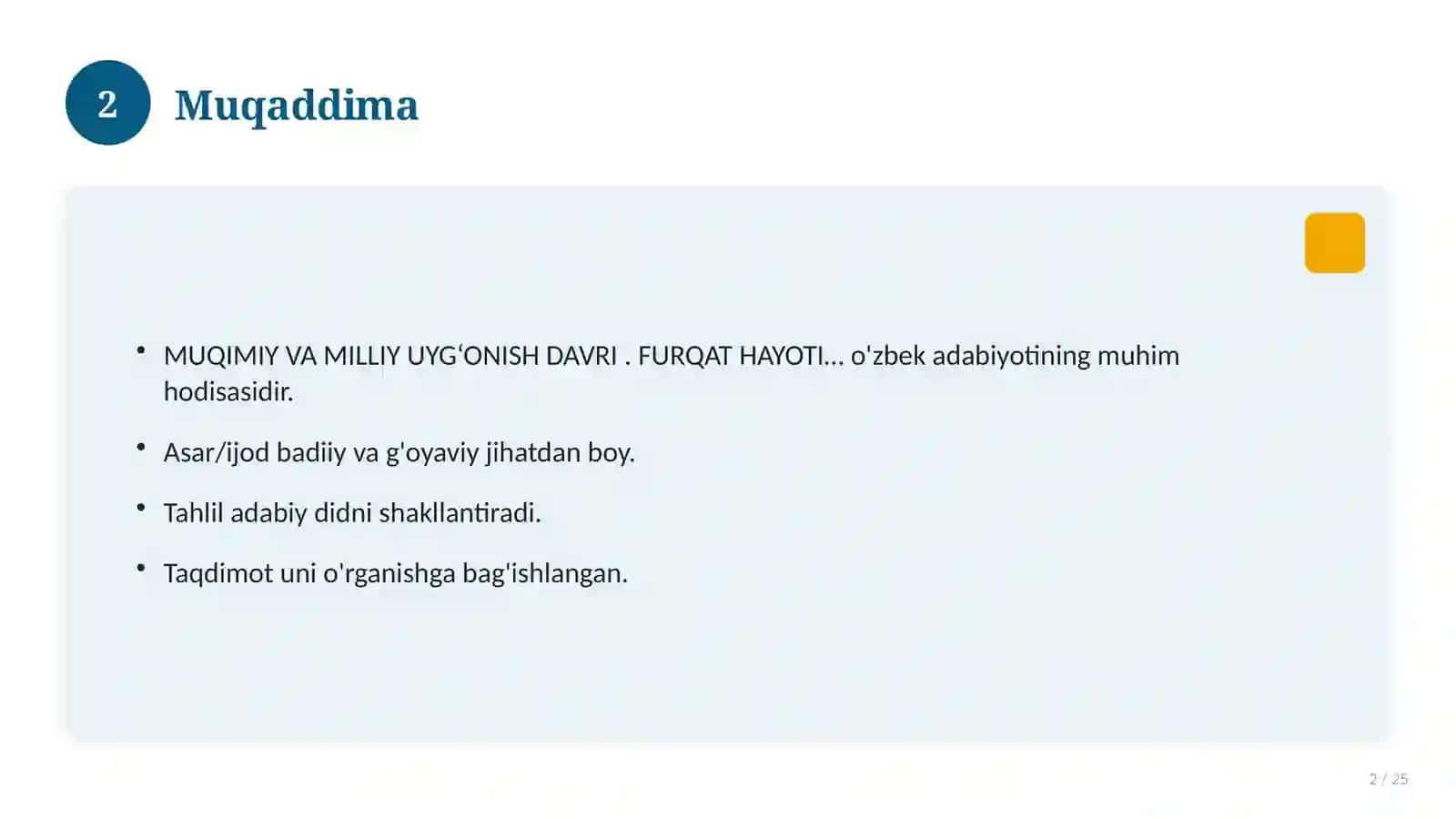 MUQIMIY VA MILLIY UYG‘ONISH DAVRI. FURQAT HAYOTI VA IJODINI O‘RGANISHNING DOLZARB MASALALARI. QO‘QON ADABIY MUHITI 2