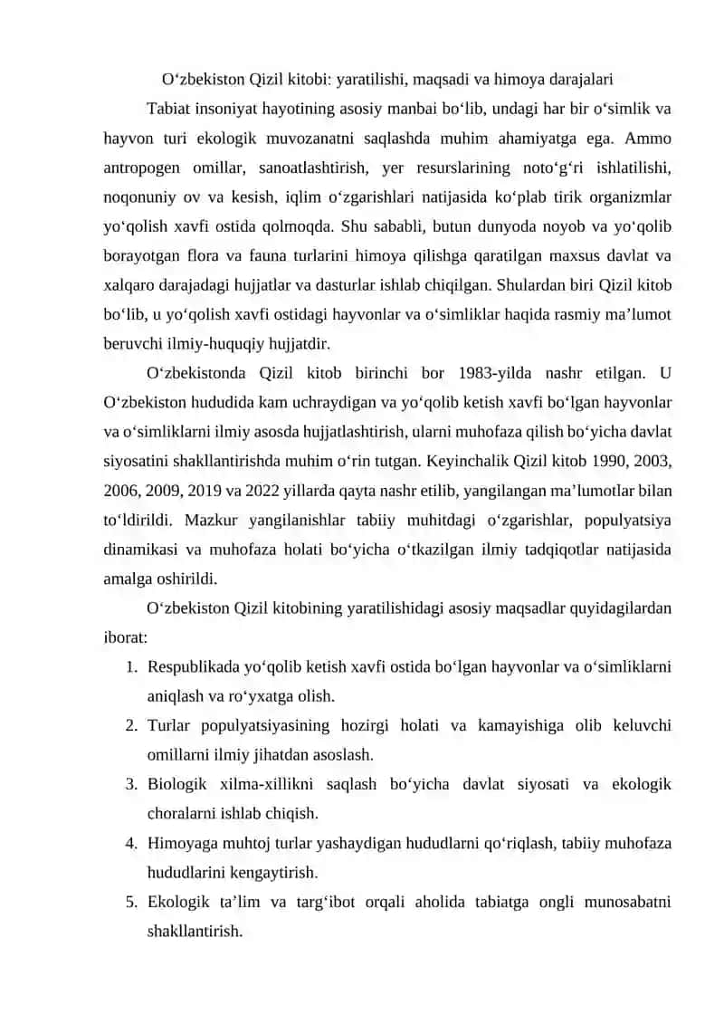 O'ZBEKISTONDA QIZIL KITOBIGA KIRITILGAN HAYVONLAR VA O'SIMLIKLAR 2