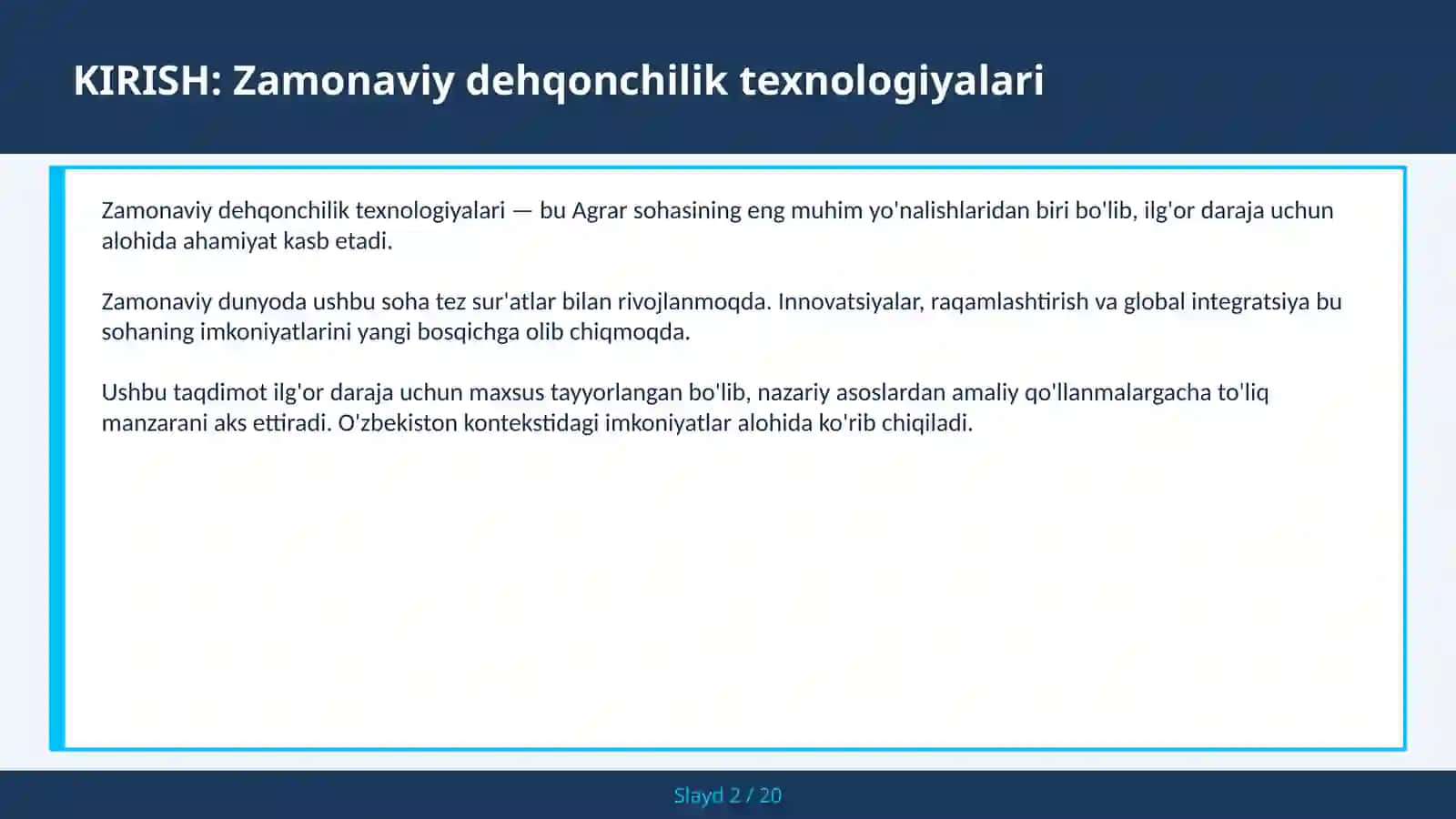 ZAMONAVIY DEHQONCHILIK TEXNOLOGIYALARI 2