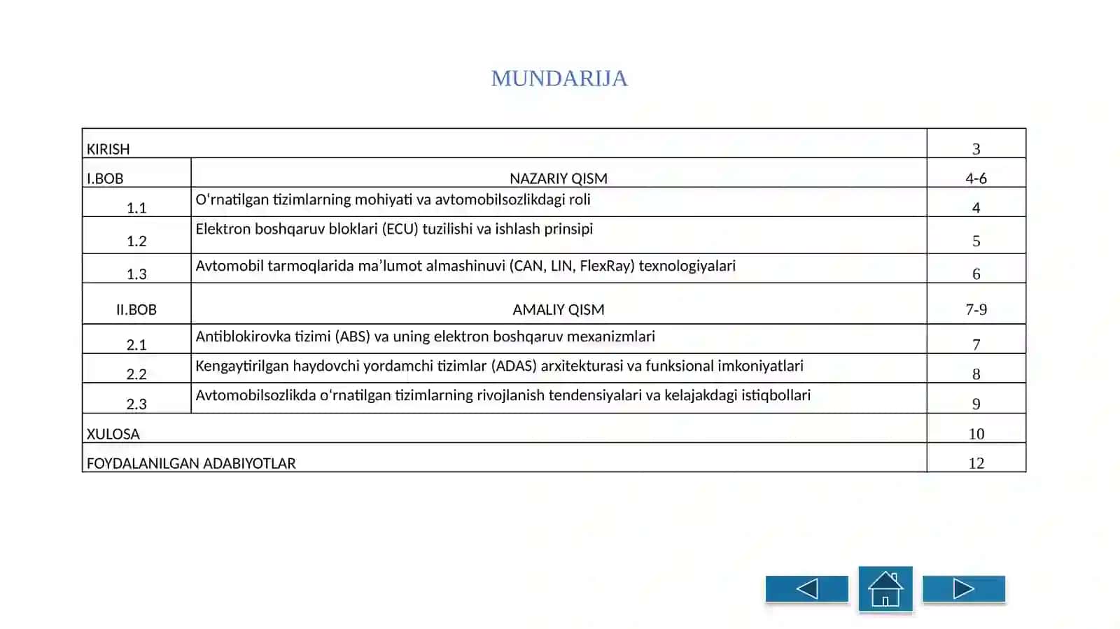 AVTOMOBILSOZLIKDA O‘RNATILGAN TIZIMLAR (ECU, ABS, ADAS) KURS ISHI TAQDIMOTI 2