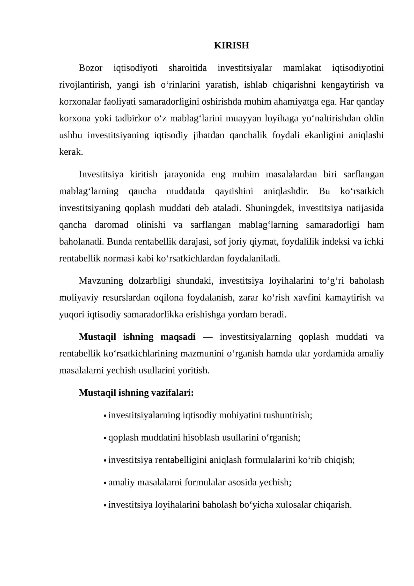 Investitsiyalarning Qoplash Muddati va Rentabellik Ko‘rsatkichlari Masalalarini Yechish 2
