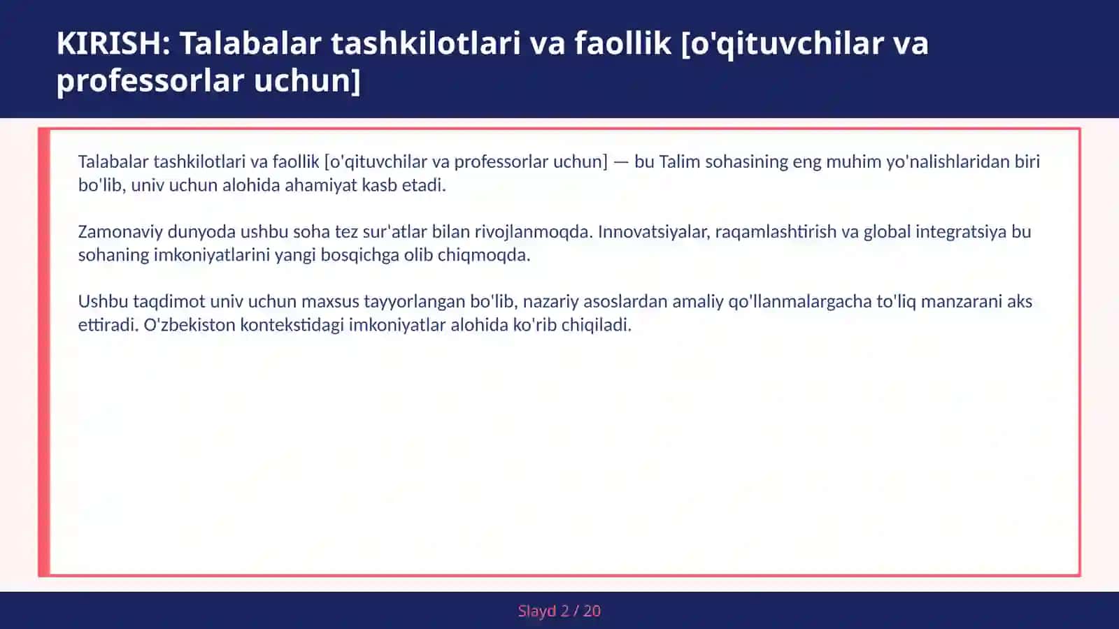 Talabalar tashkilotlari va faollik [o'qituvchilar va professorlar uchun] 2