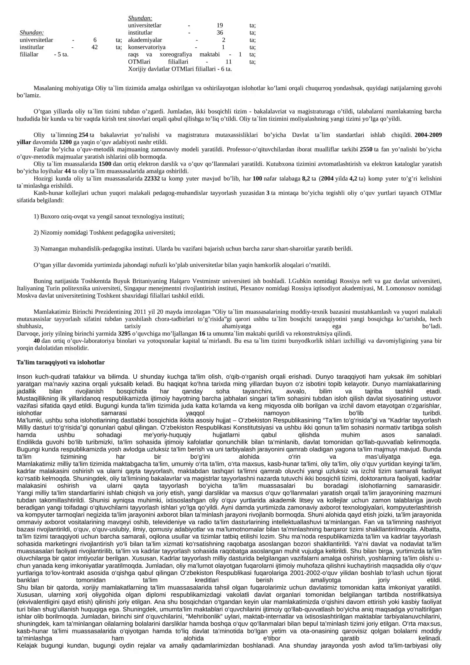 Mustaqillik yillarida ta`lim taraqqiyoti va rivojlanishi islohatlar 2