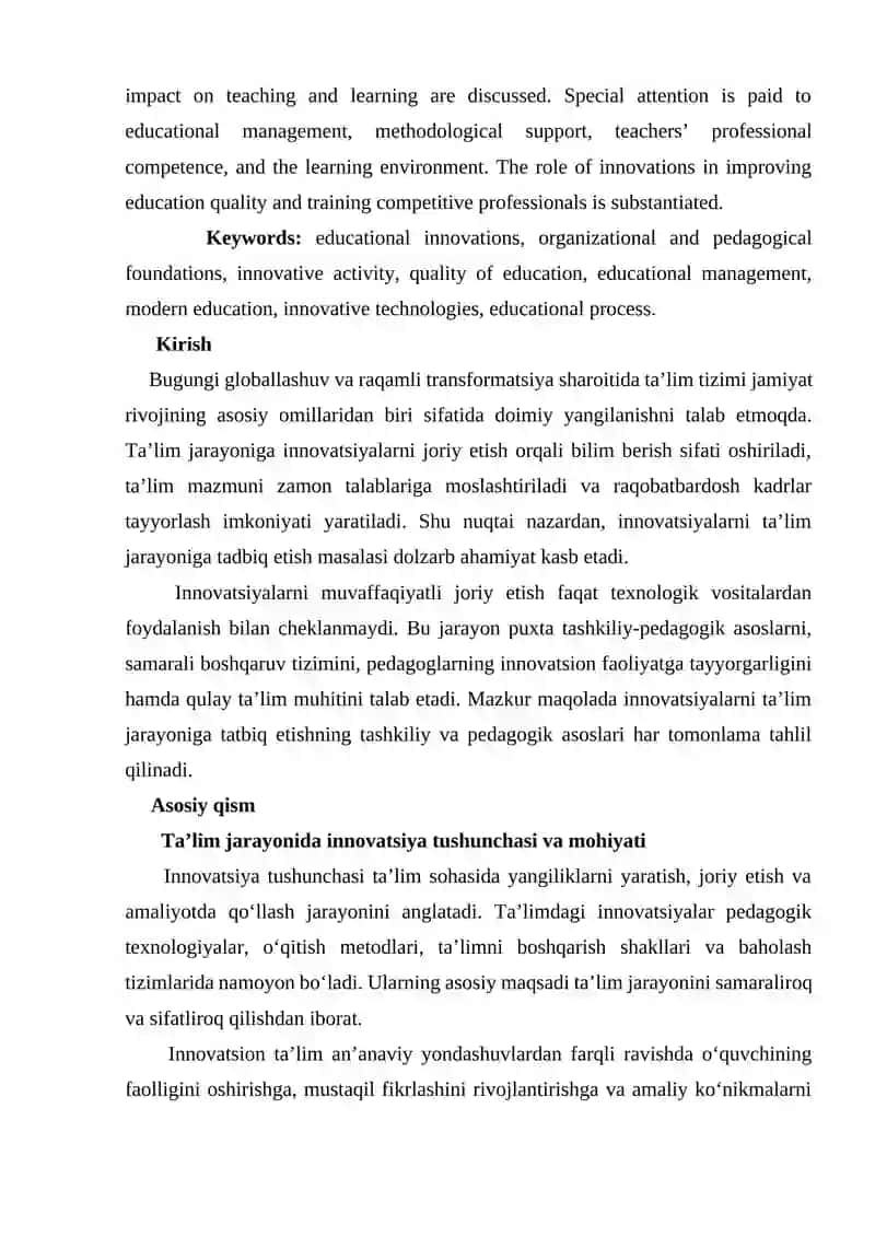 Innovatsiyalarni ta’lim jarayoniga tadbiq etishning tashkiliy-pedagogik asoslari 2