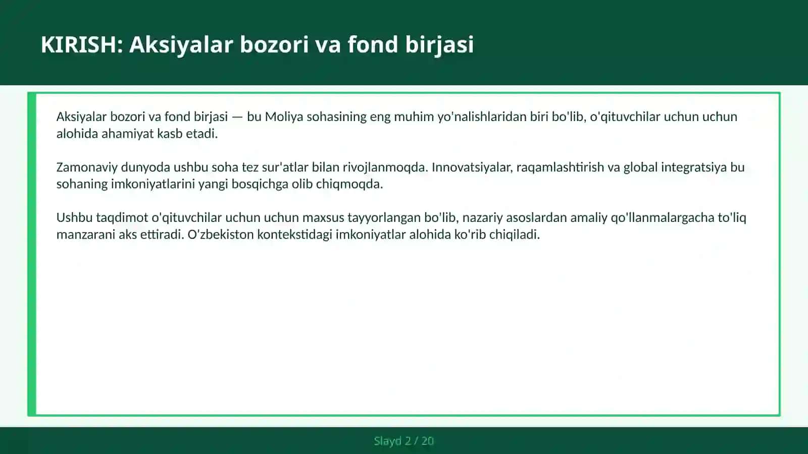KIRISH: Aksiyalar bozori va fond birjasi 2