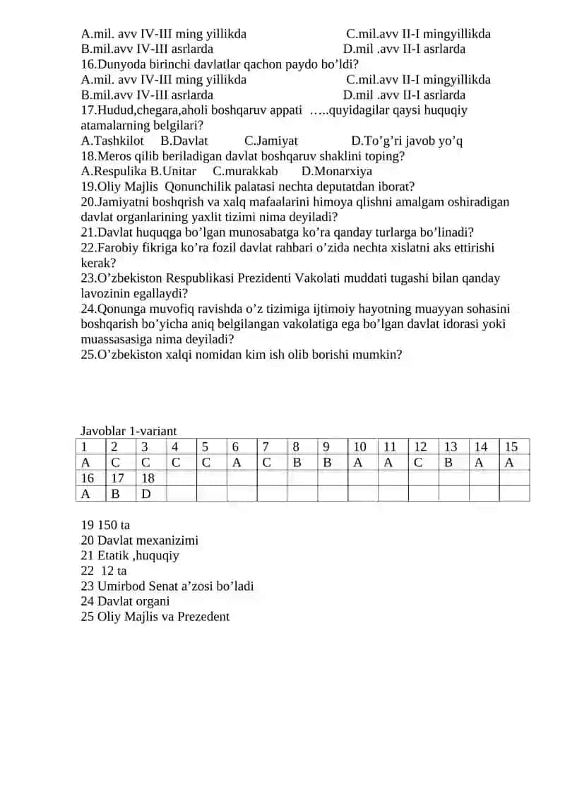 8-sinf.Huquqshunoslik test.1-yarim yillik 2-variant 2