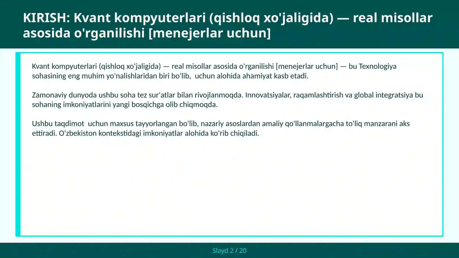 KVANT KOMPYUTERLARI (QISHLOQ XO'JALIGIDA) — REAL MISOLLAR ASOSIDA O'RGANILISHI [MENEJERLAR UCHUN] 2