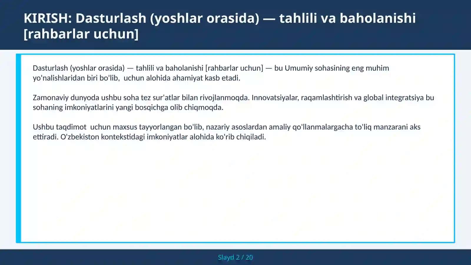 Dasturlash (yoshlar orasida) — tahlili va baholanishi [rahbarlar uchun] 2