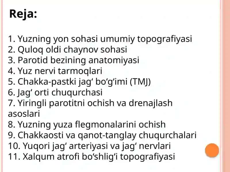 Yuzning yuza flegmonalarini ochish Yuza fastsiyalar bo‘ylab tarqaladi Muhim tamoyillar. Chiziqli (gorizontal) kesma Yuz nervi tarmoqlarini saqlash Arteriya va venalarni ajratish Keng drenaj 2