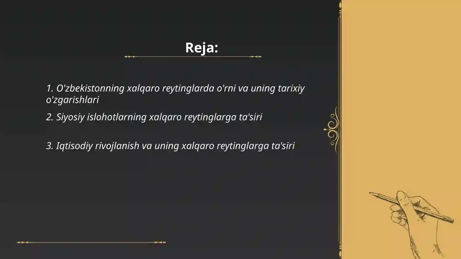 O'zbekistonni xalqaro reytingidagi ko' rsatgichlarini ko'tarishning tarixiy va siyosiy ahamiyati 2