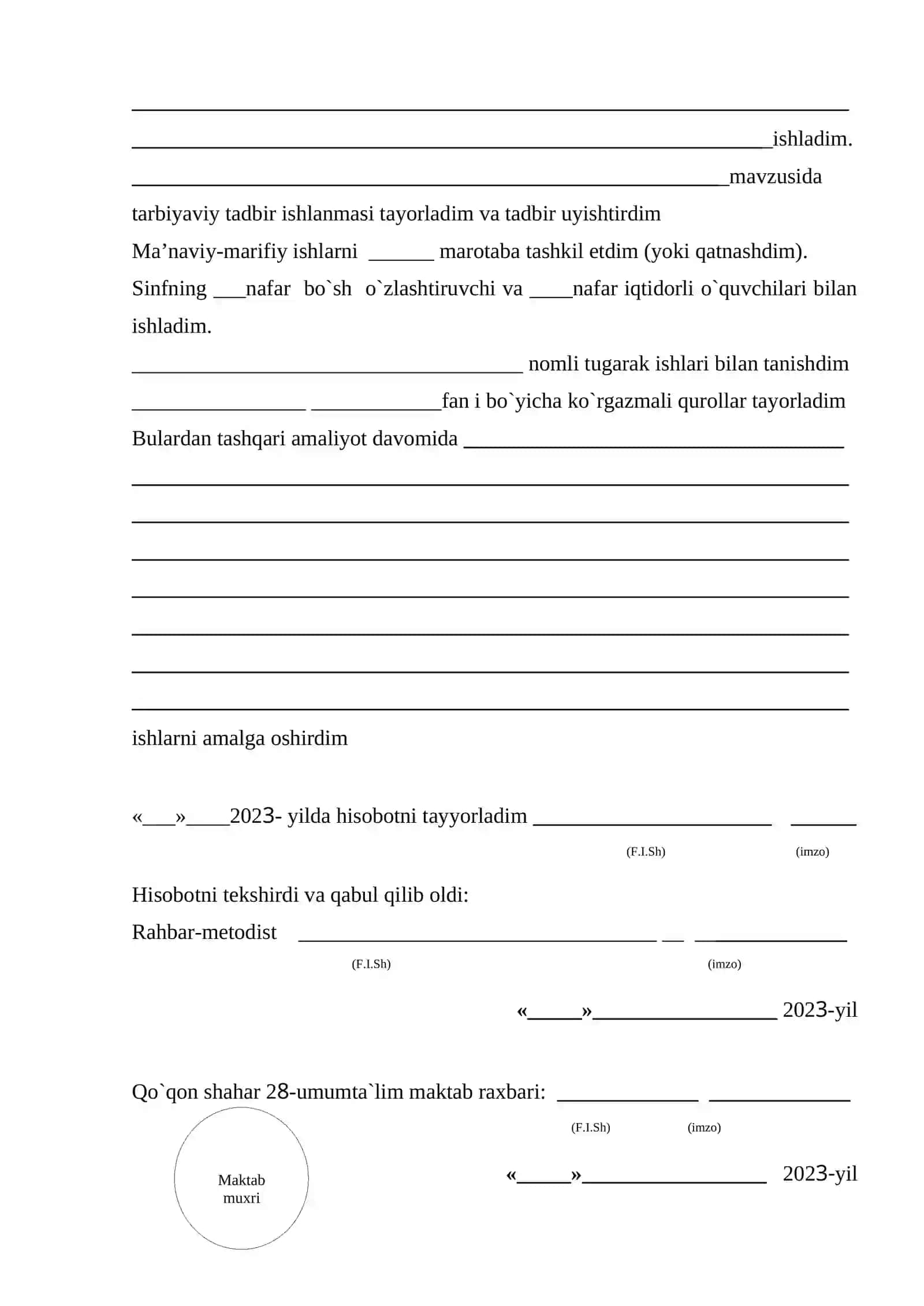 O`QUV AMALIYOTINI O‘TASH HAQIDAGI AMALIYOTCHI-TALABANING YAKUNIY HISOBOTI 2