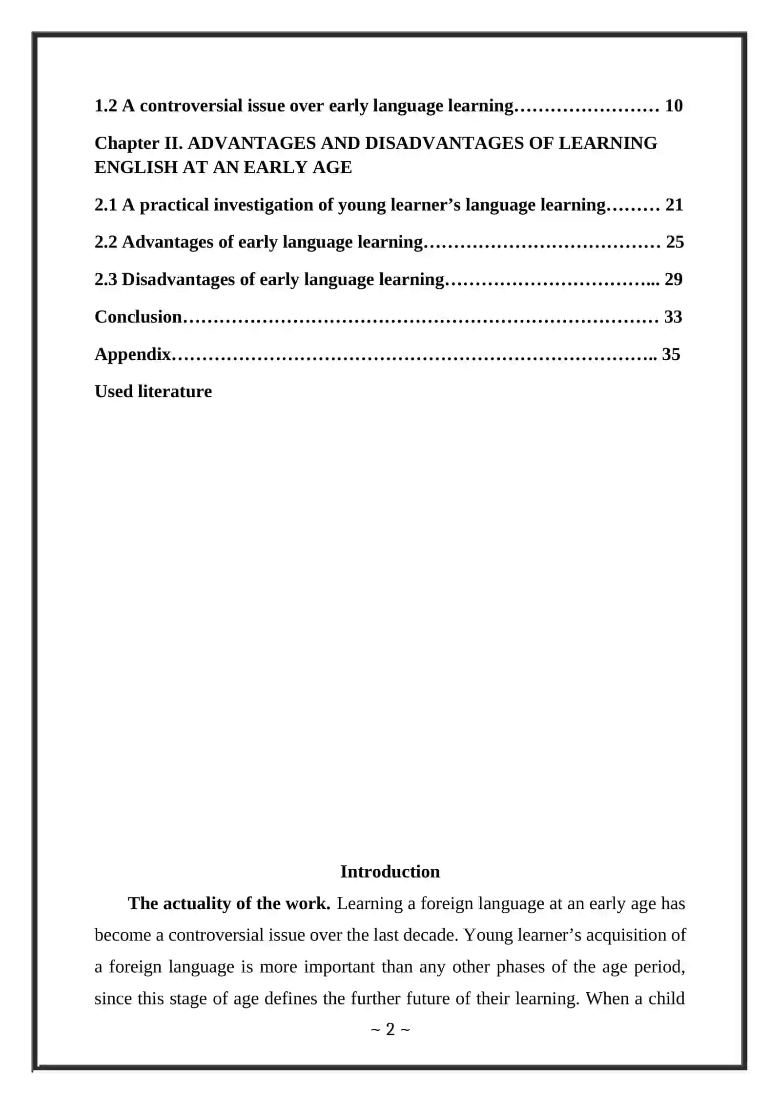 “Advantages and disadvantages of early language learning” theme COURSE WORK 2