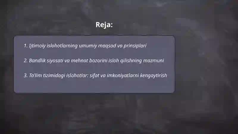 Oʻzbekiston Respublikasidagi ijtimoiy sohadagi islohotlar mazmun va mohiyati 2