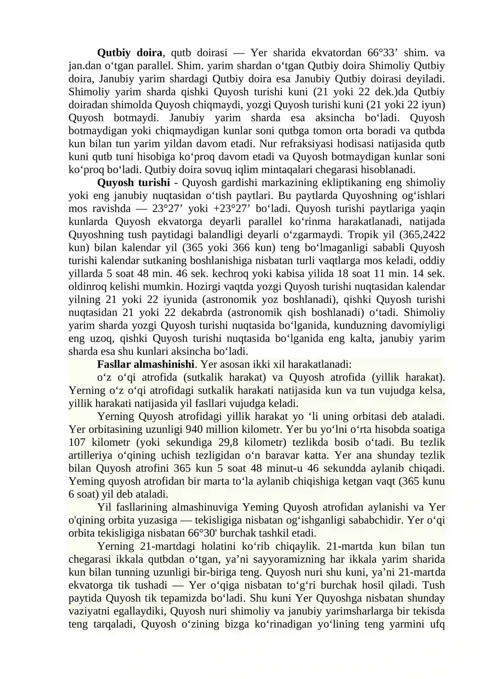 Tropiklar, qutbiy doiralar. Quyosh turish nuqtalari. Fasllar almashinishi 2