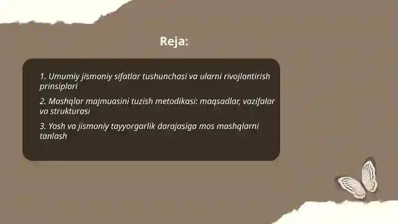 Umumiy jismoniy sifatlarni rivojlantiruvchi mashqlar majmualarini tuzish, ularni muhokamaga topshirish va sinovdan oʻtkazish 2