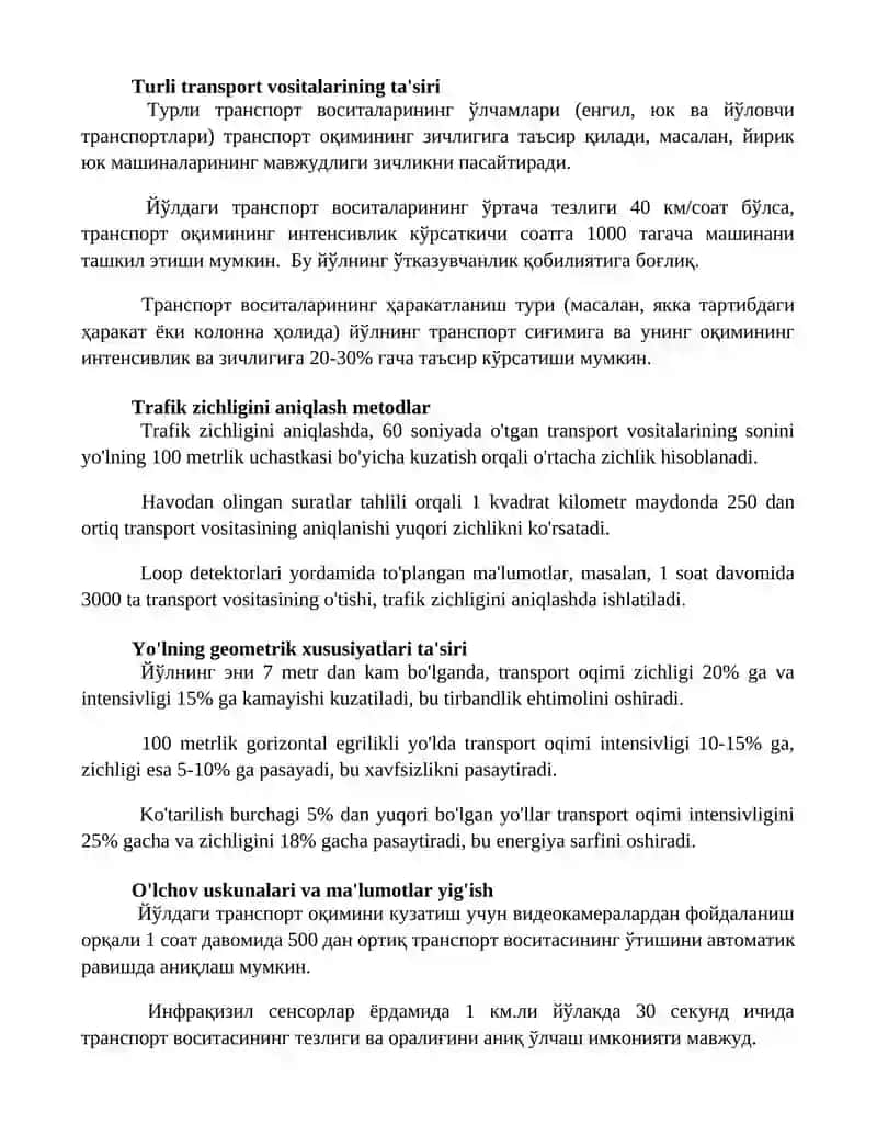 Yoʻl harakati oqimining intensivligi va zichligini hisoblash 2