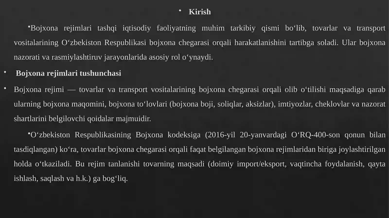 Bojxona rejimlari tushunchasi va ularning turlari 2