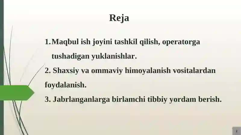 HAYOT FAOLIYATI XAVFSIZLIGINING KOMFORT SHAROITLARI, ISHCHI О‘RNINI ERGONOMIKASINI О‘RGANISH 2