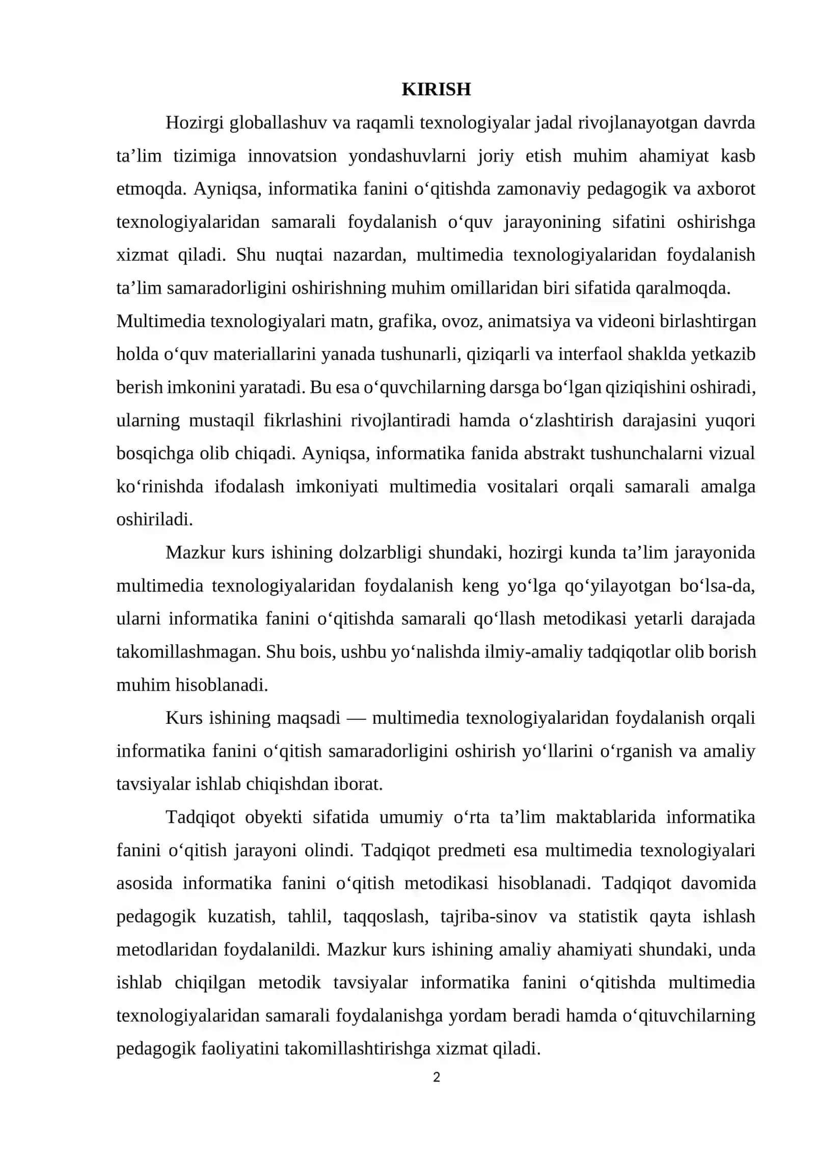 MULTIMEDIA TEXNOLOGIYALARI ASOSIDA INFORMATIKA FANINI O‘QITISH SAMARADORLIGINI OSHIRISH METODIKASI 2
