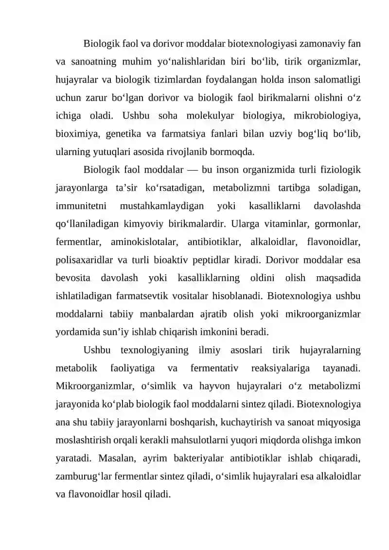 Biologik faol va dorivor moddalar biotexnologiyasi 2