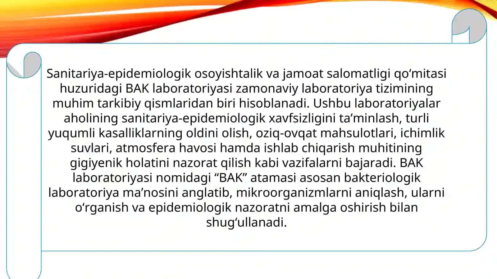Sanitariya epidemiologiya osoyishtalik va jamoat salomatligi qoʻmitasi BAK laboratoriyasi 2