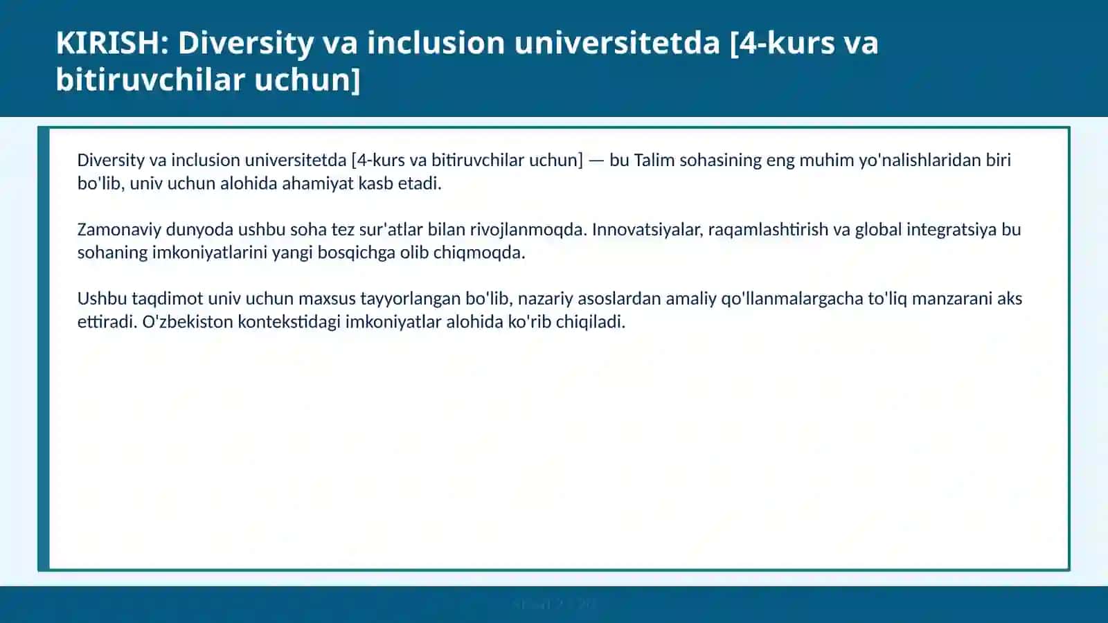 Diversity va inclusion universitetda [4-kurs va bitiruvchilar uchun] 2