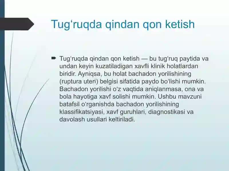 Tugruqda qindan qon ketish bachadon yorilishi klassifikatsiyasu xavf guruhi tashxis 2