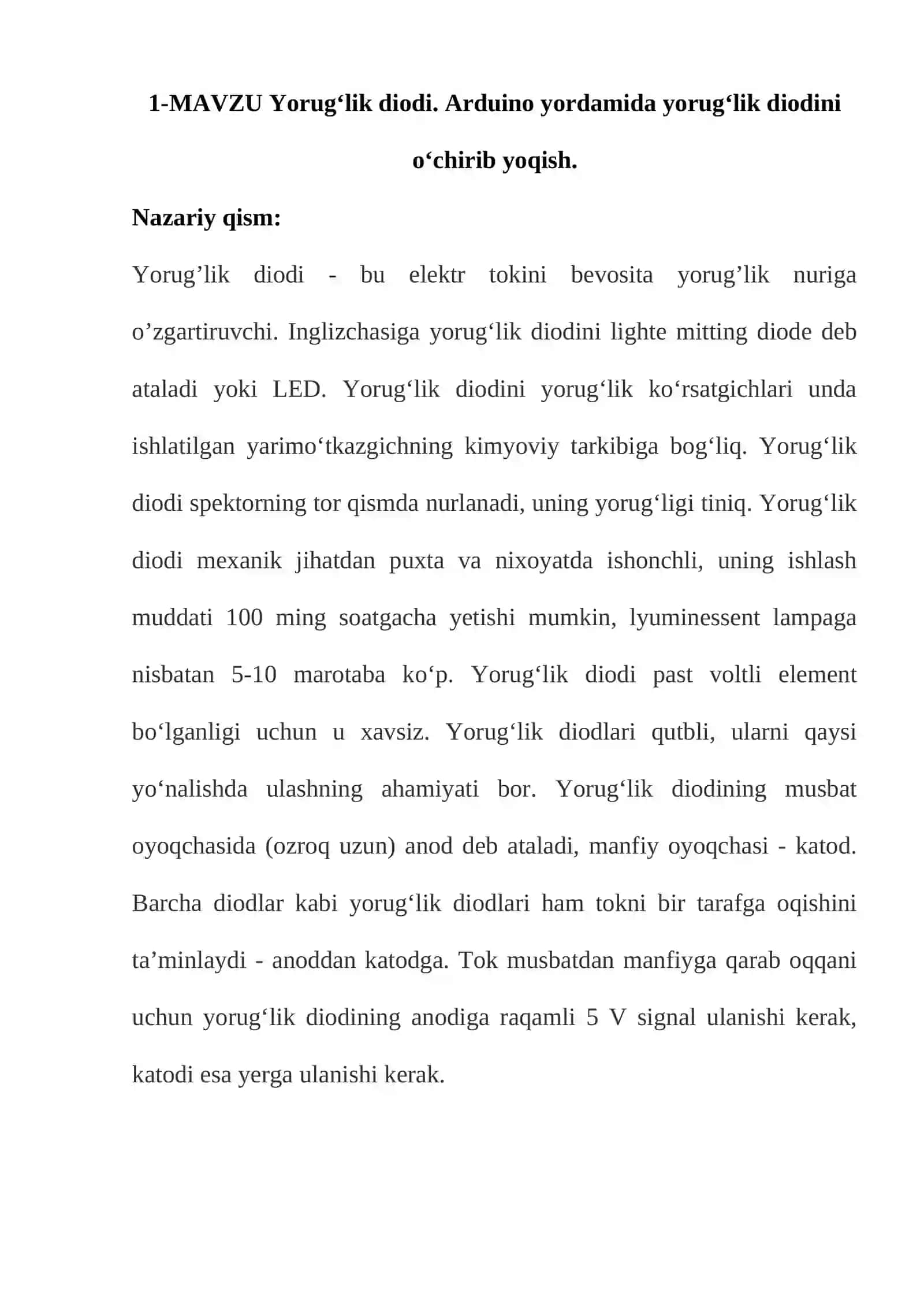 Yorug‘lik diodi. Arduino yordamida yorug‘lik diodini o‘chirib yoqish 2