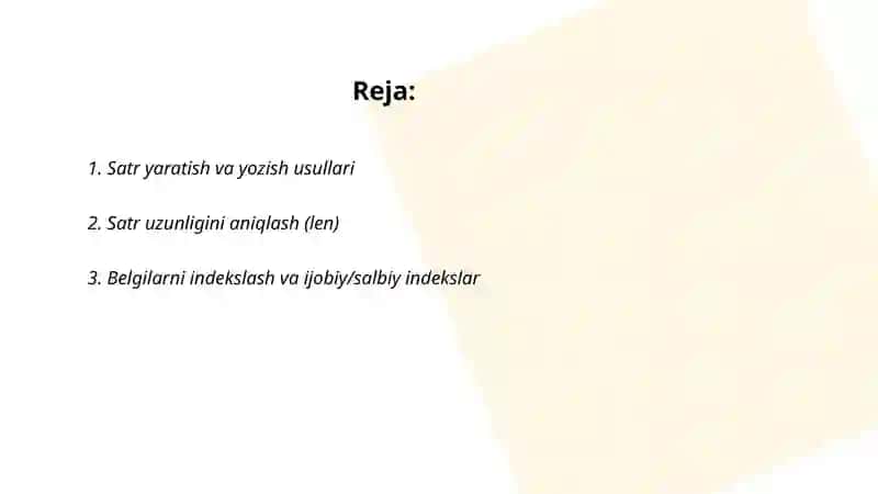 Satrlar (string) bilan ishlashning asosiy usullari 2