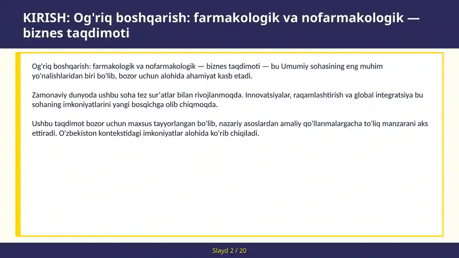 Og'riq boshqarish: farmakologik va nofarmakologik — biznes taqdimoti 2