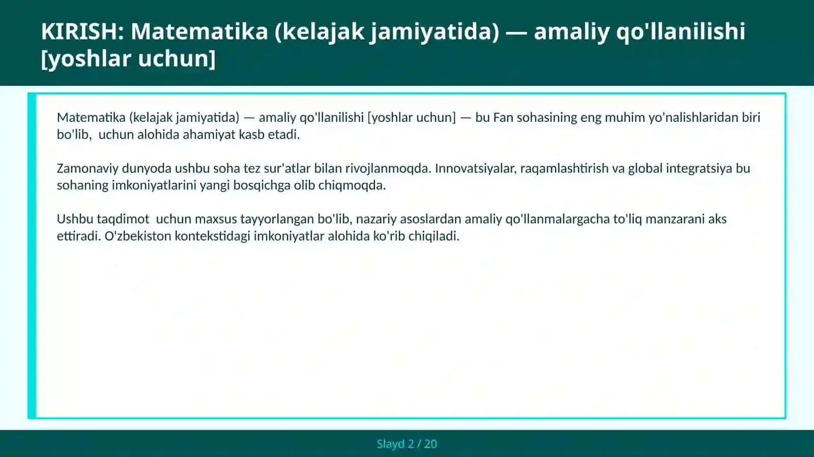 Matematika (kelajak jamiyatida) — amaliy qo'llanilishi [yoshlar uchun] 2