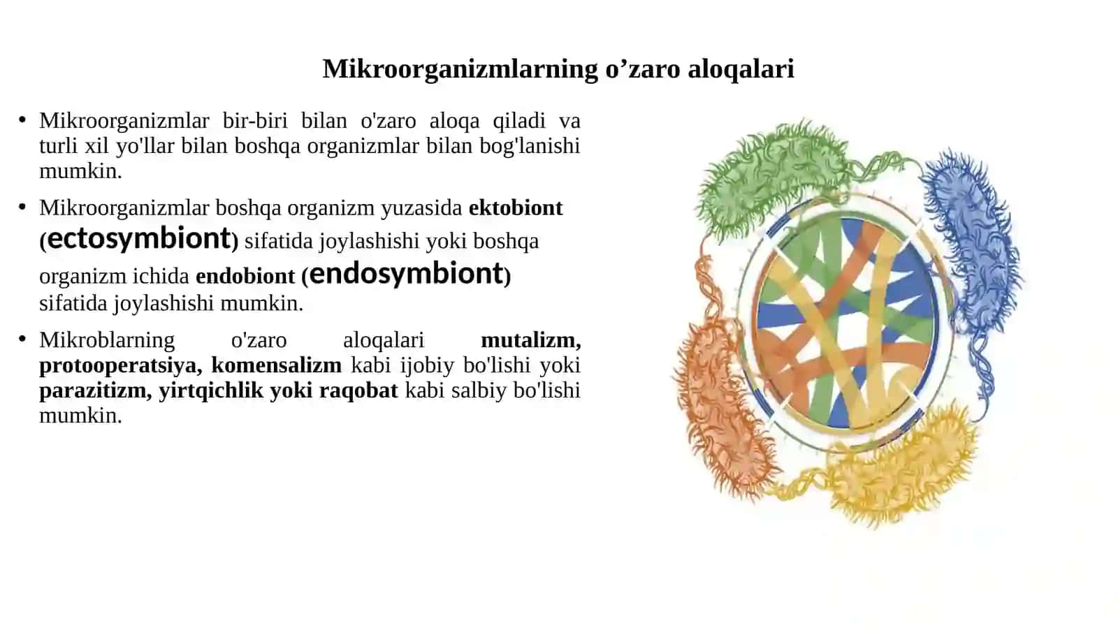 MIKROORGANIZMLARNING O’ZARO VA BOSHQA ORGANIZMLAR BILAN MUNOSABATI 2