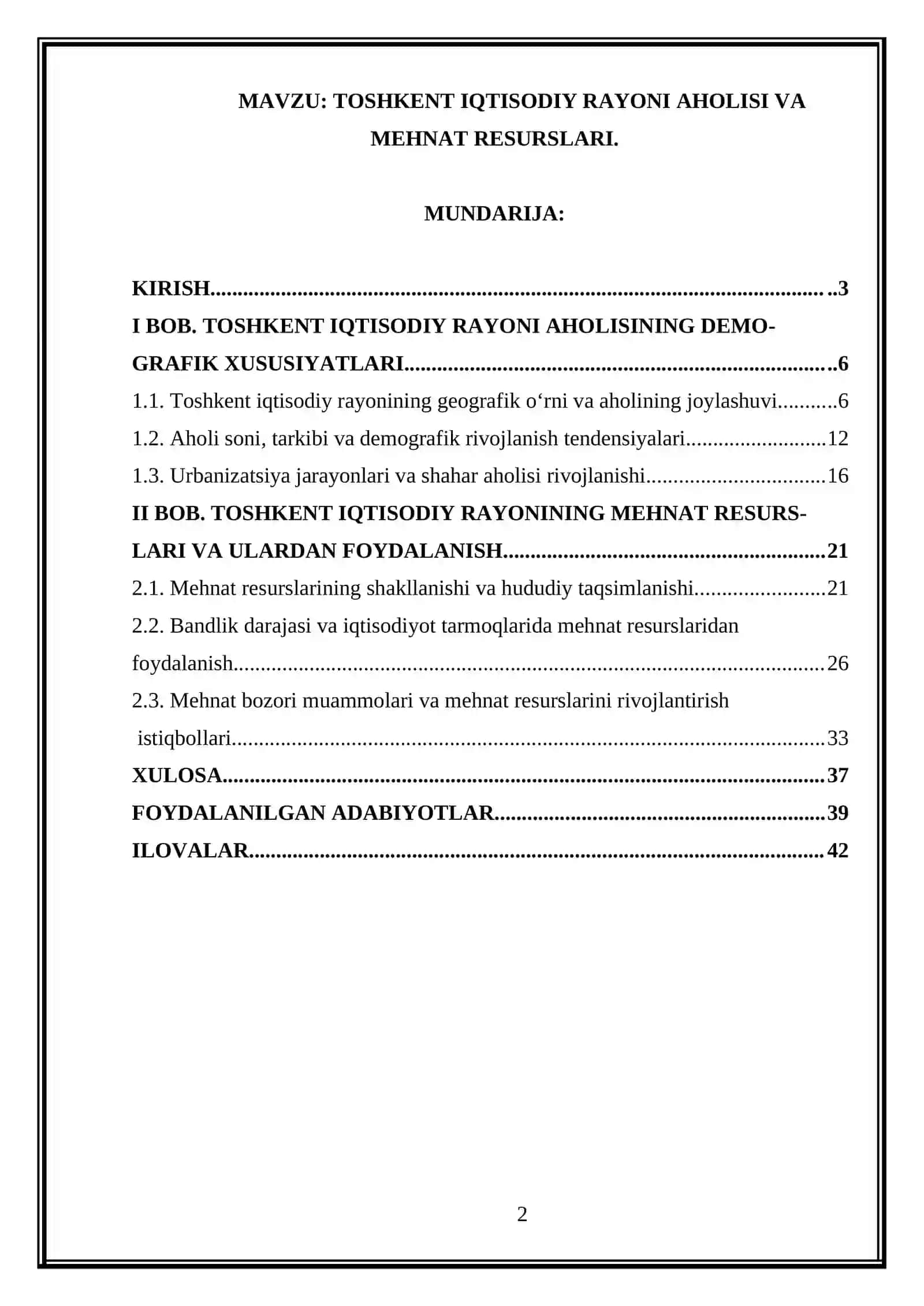 TOSHKENT IQTISODIY RAYONI AHOLISI VA MEHNAT RESURSLARI 2