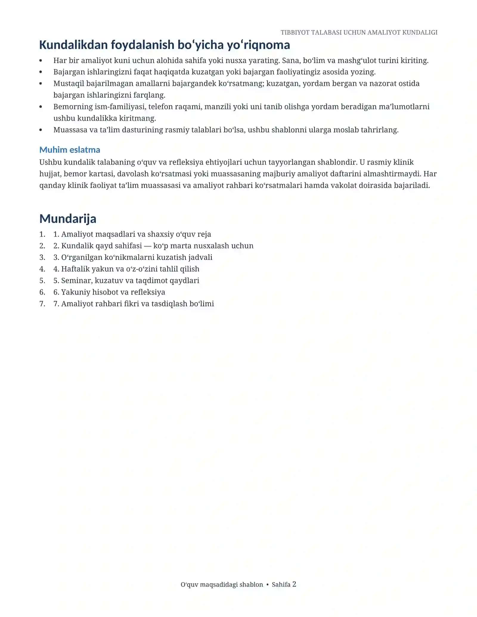 Tibbiyot talabasi uchun amaliyot kundaligi | Word DOCX shablon 2