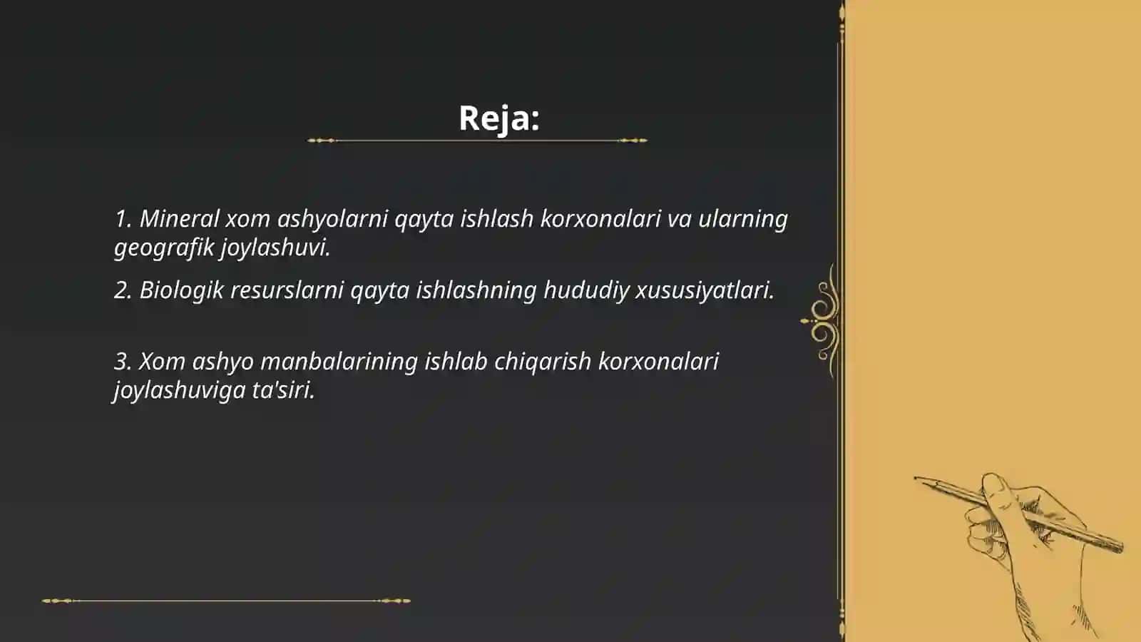 Mineral xom ashyo va biologik resurslarni qayta ishlash korxonalarni joylashtirish xususiyatlarini o‘rganish 2
