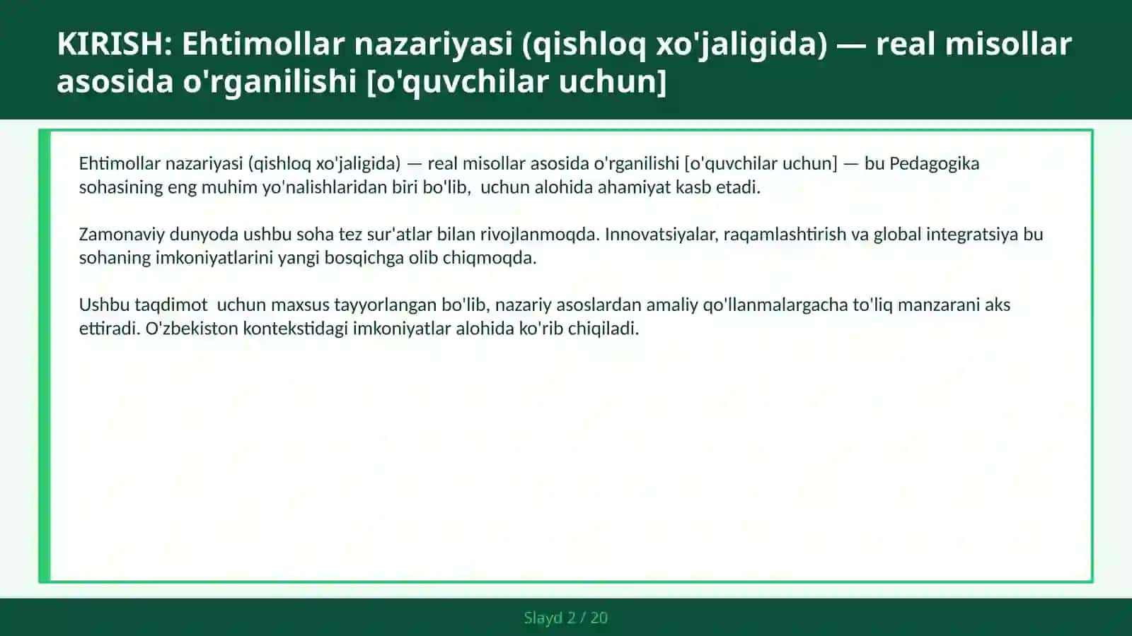 Ehtimollar nazariyasi (qishloq xo'jaligida) — real misollar asosida o'rganilishi [o'quvchilar uchun] 2
