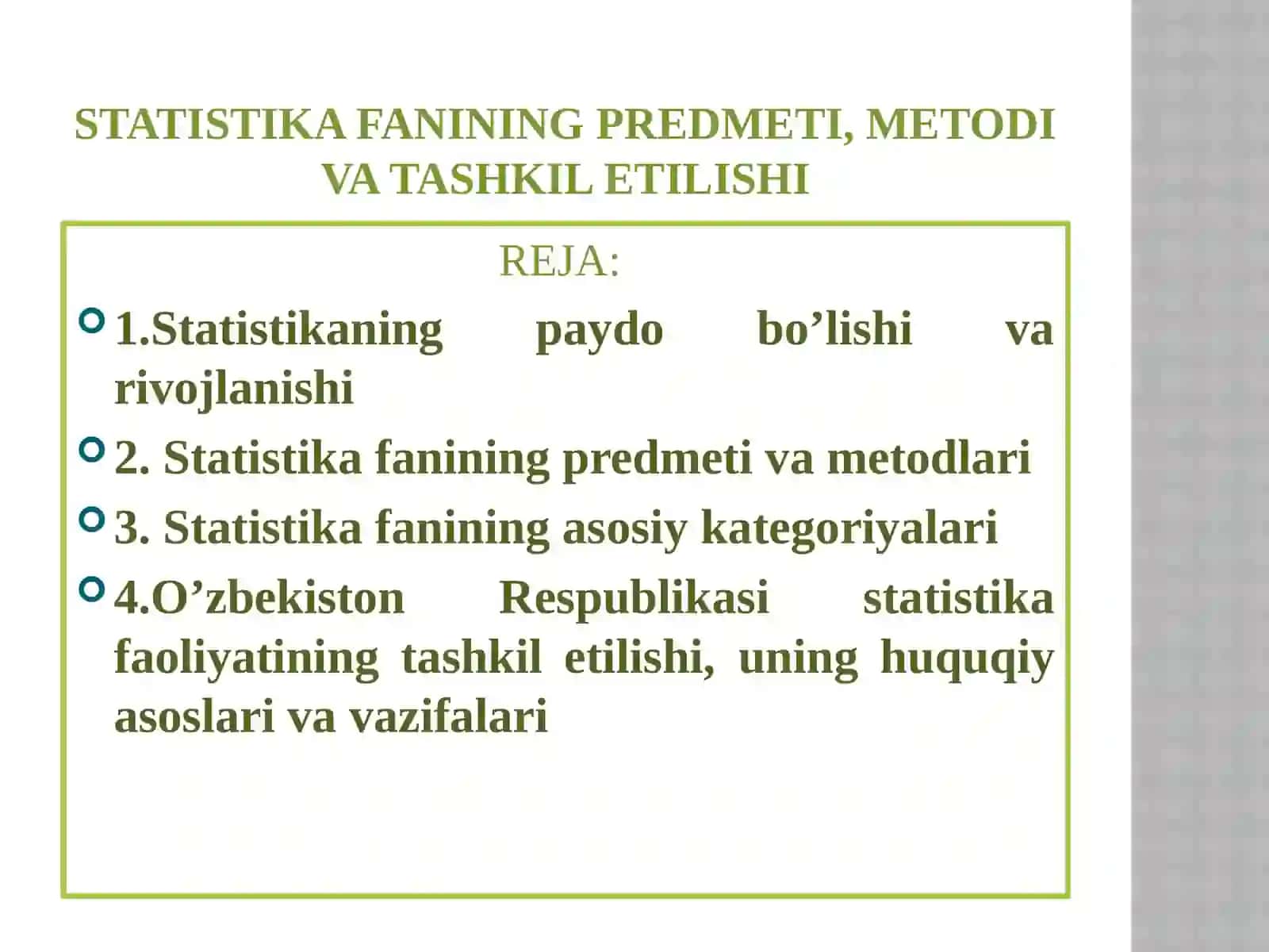 STATISTIKAFANINING PREDMETI, METODI VA TASHKIL ETILISHI 2