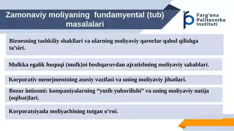 Zamonaviy moliyaning fundamntal (tub) masalalari 2