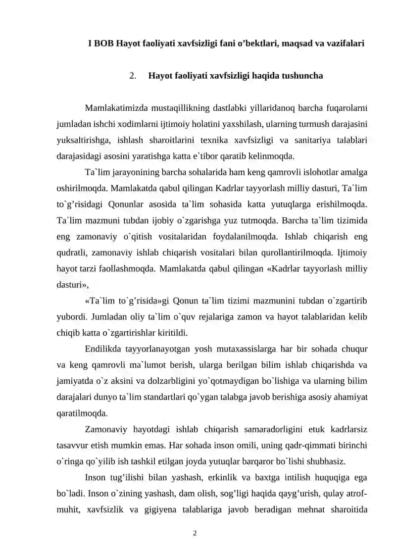 Hayot faoliyati xavfsizligini ta’minlash asoslari 2
