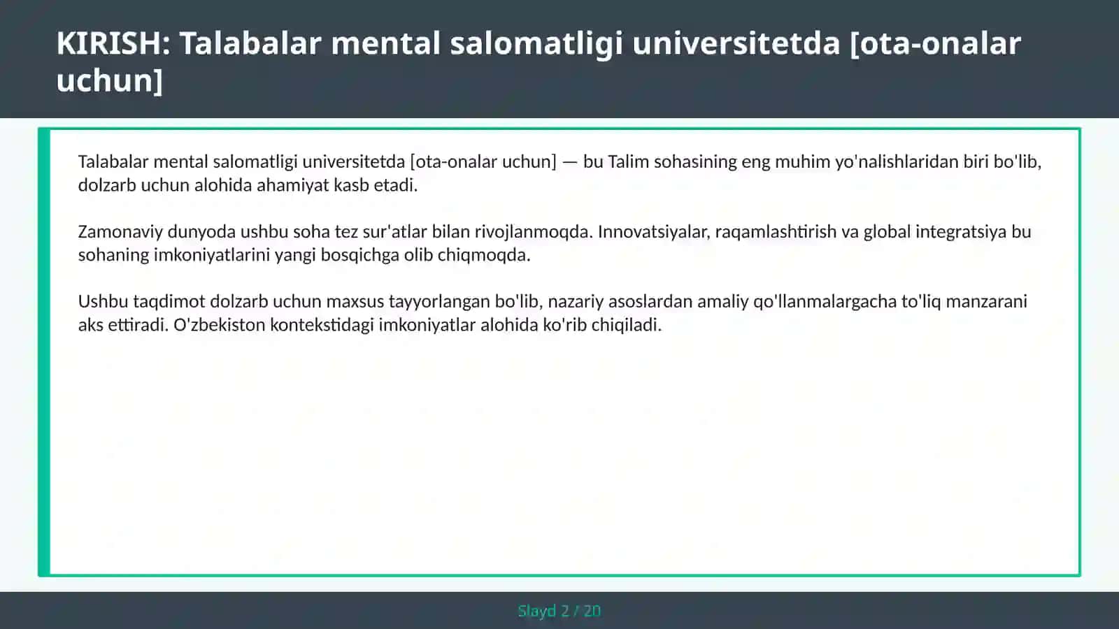 Talabalar mental salomatligi universitetda [ota-onalar uchun] 2