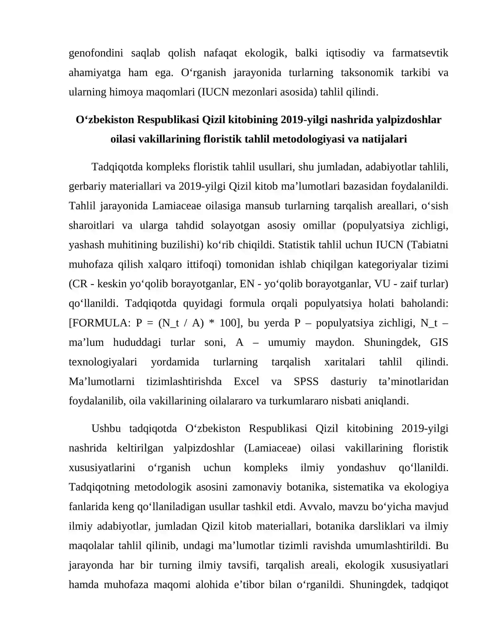 OʻZBEKISTON RESPUBLIKASI QIZIL KITOBI (2019) ASOSIDA YALPIZDOSHLAR (LAMIACEAE) OILASI VAKILLARINING FLORISTIK TAHLILI 2
