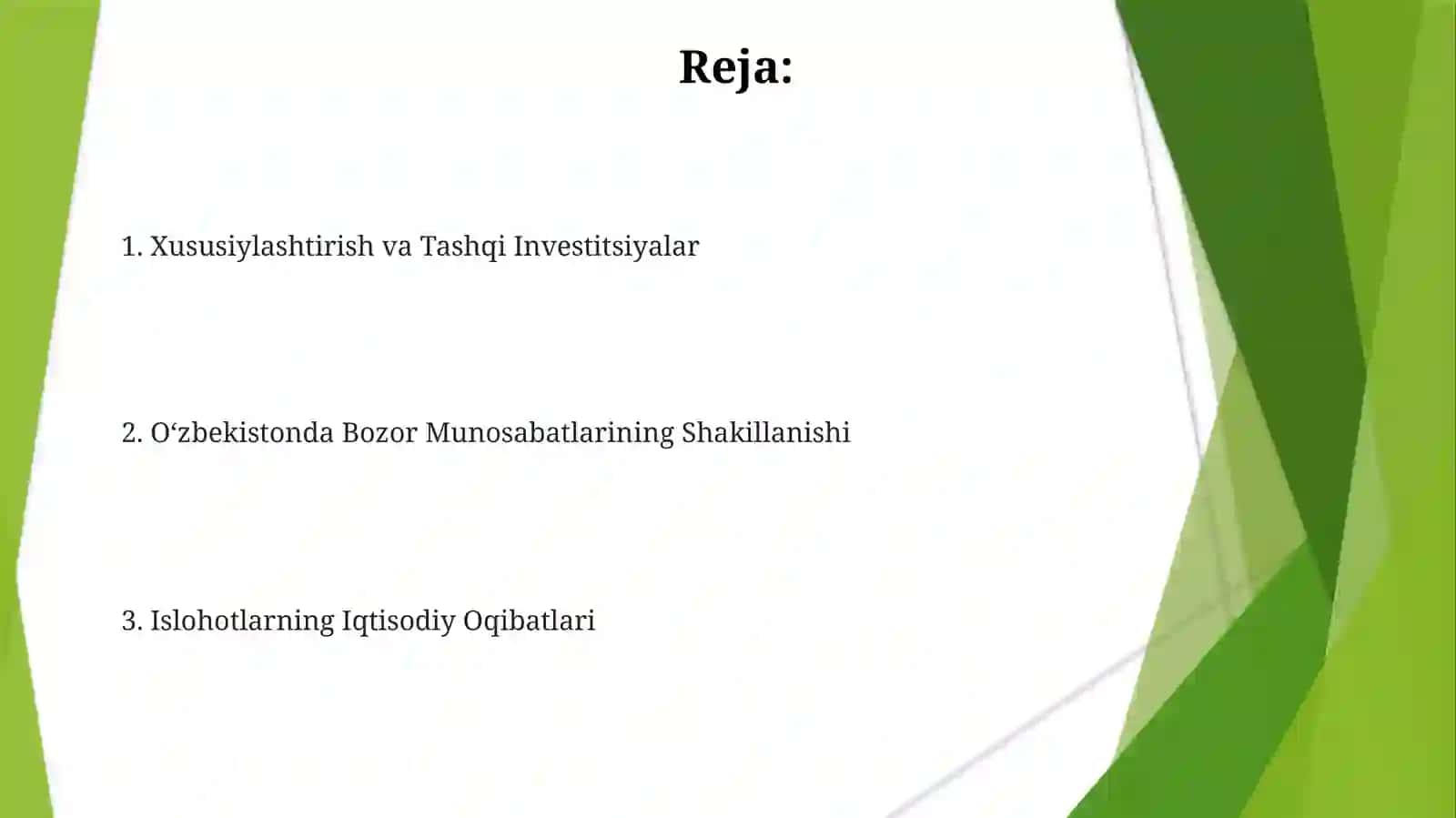 Iqtisodiy islohotlar Oʻzbekistonda bozor munosabatlarining rivojlanishi 2
