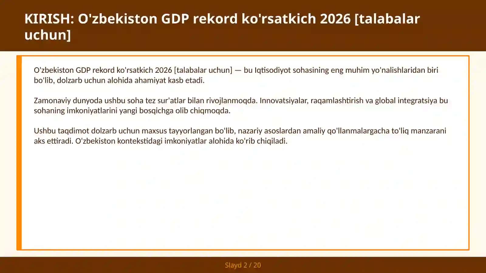 O'zbekiston GDP rekord ko'rsatkich 2026 [talabalar uchun] 2