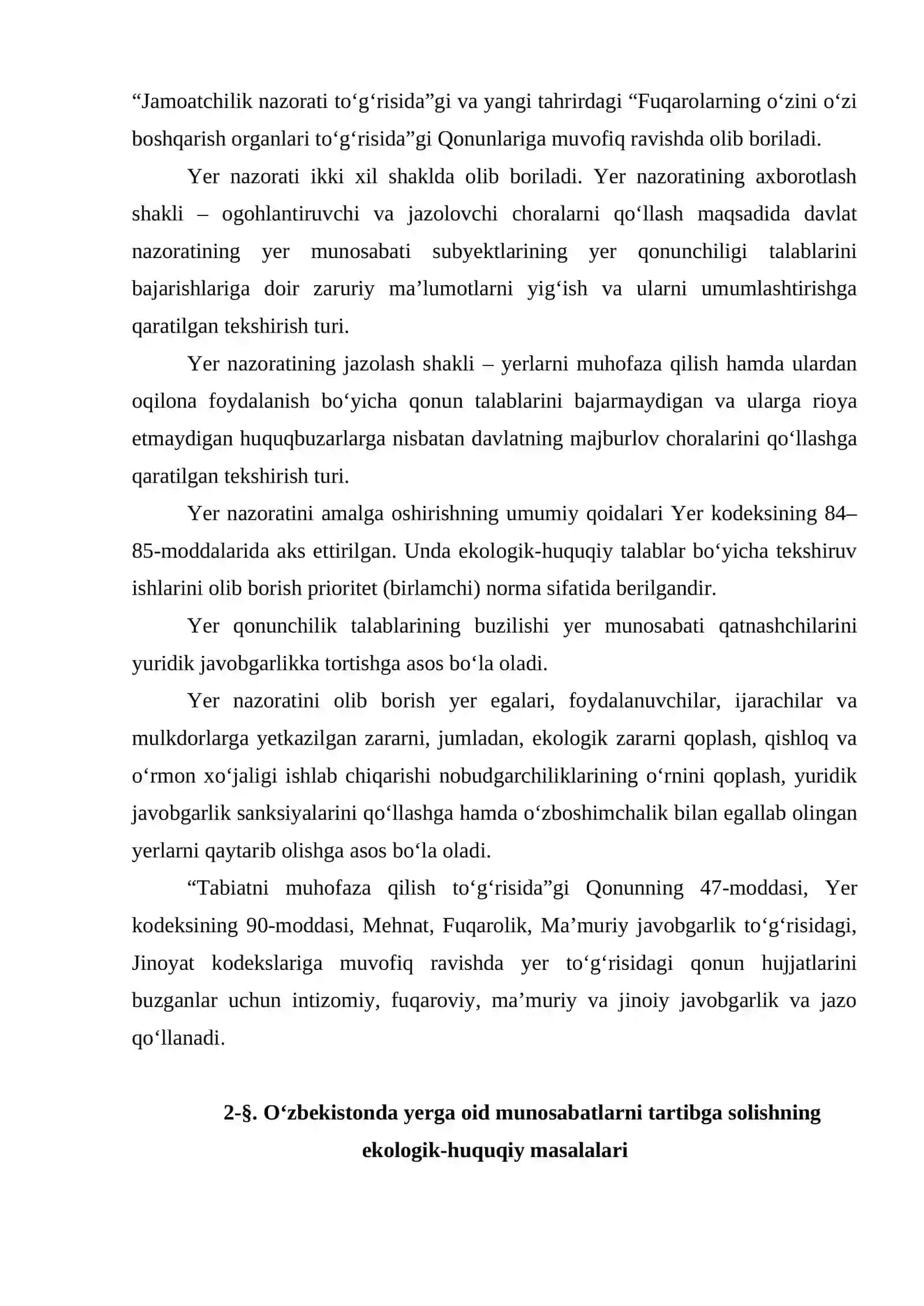 Yer nazorati va yuridik javobgarlik, yerga oid munosabatlarni tartibga solishning ekologik-huquqiy masalalari 2