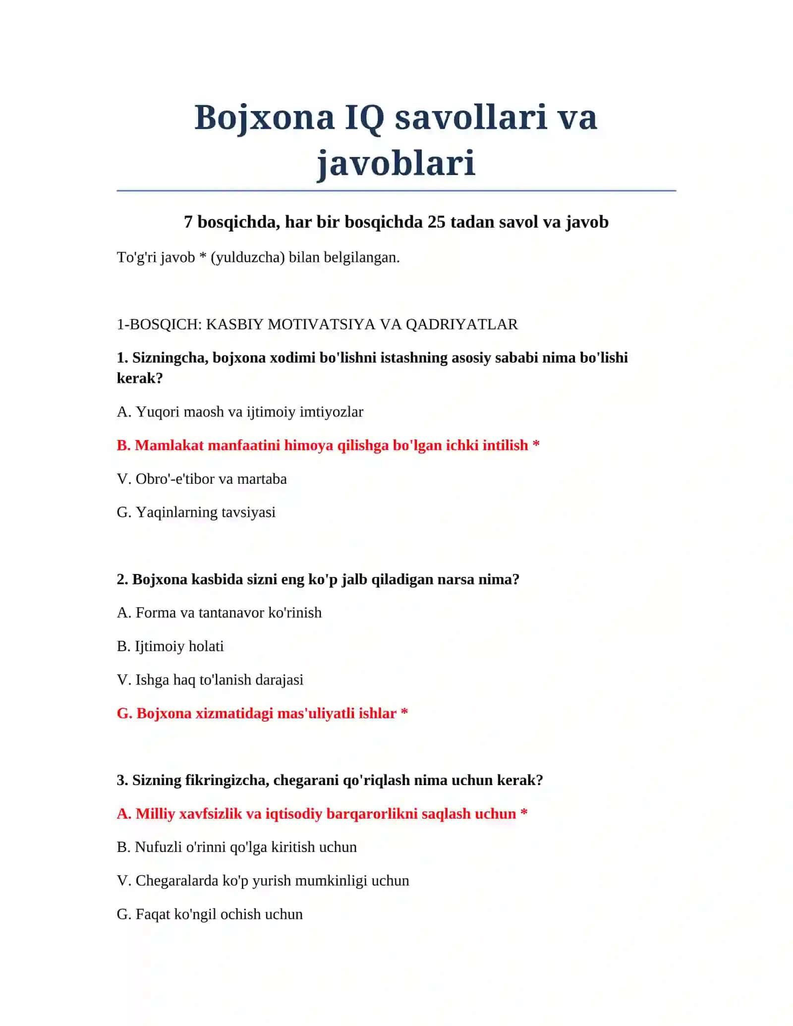 Bojxona IQ savollari va javoblari 2