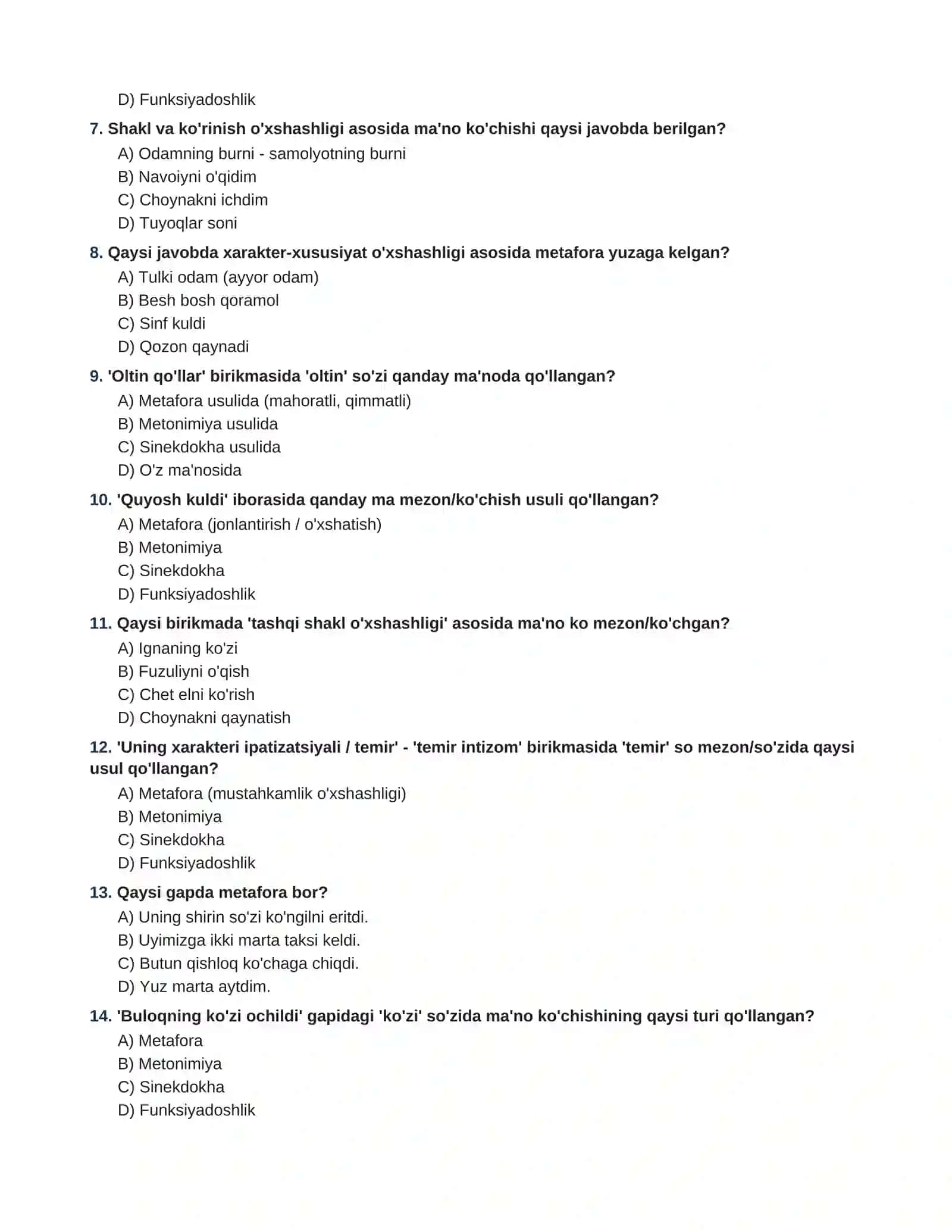ONA TILI VA ADABIYOT  MA'NO KO'CHISH USULLARI: METAFORA, METONIMIYA, SINEKDOKHA  VA FUNKSIYADOSHLIK 100 TA TEST JAVOBLARI BILAN 2