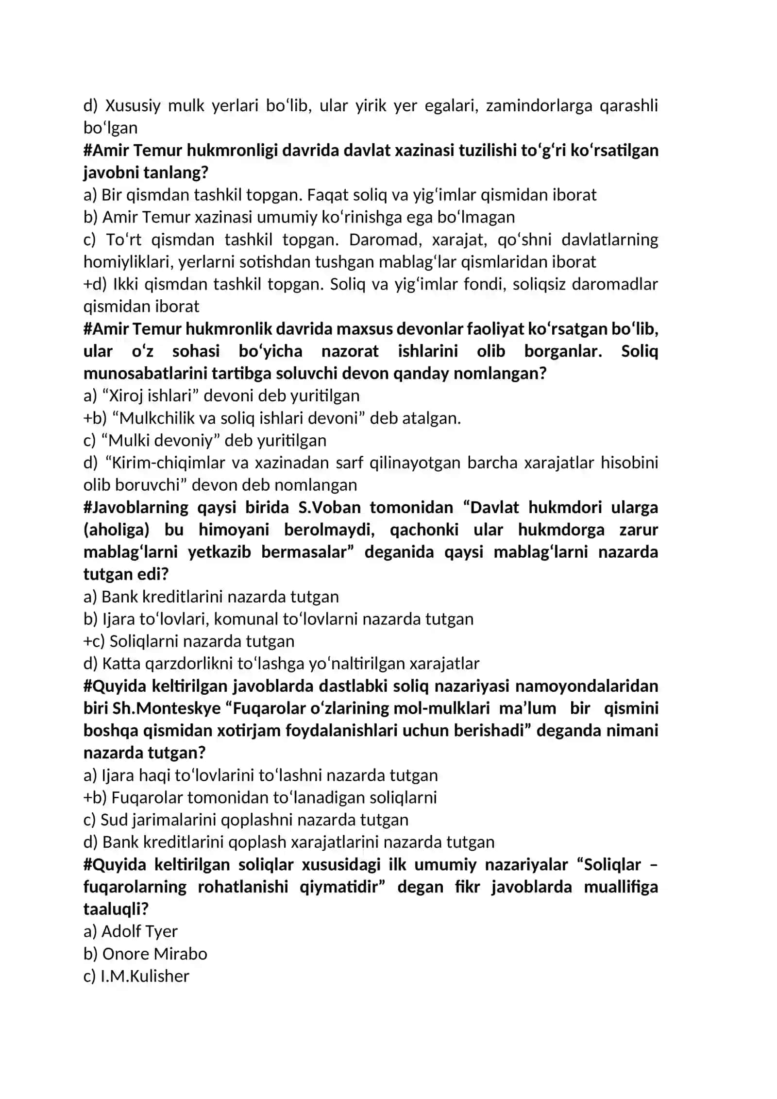 Soliqlar va soliqqa tortish fanidan test savollar bazasi 2