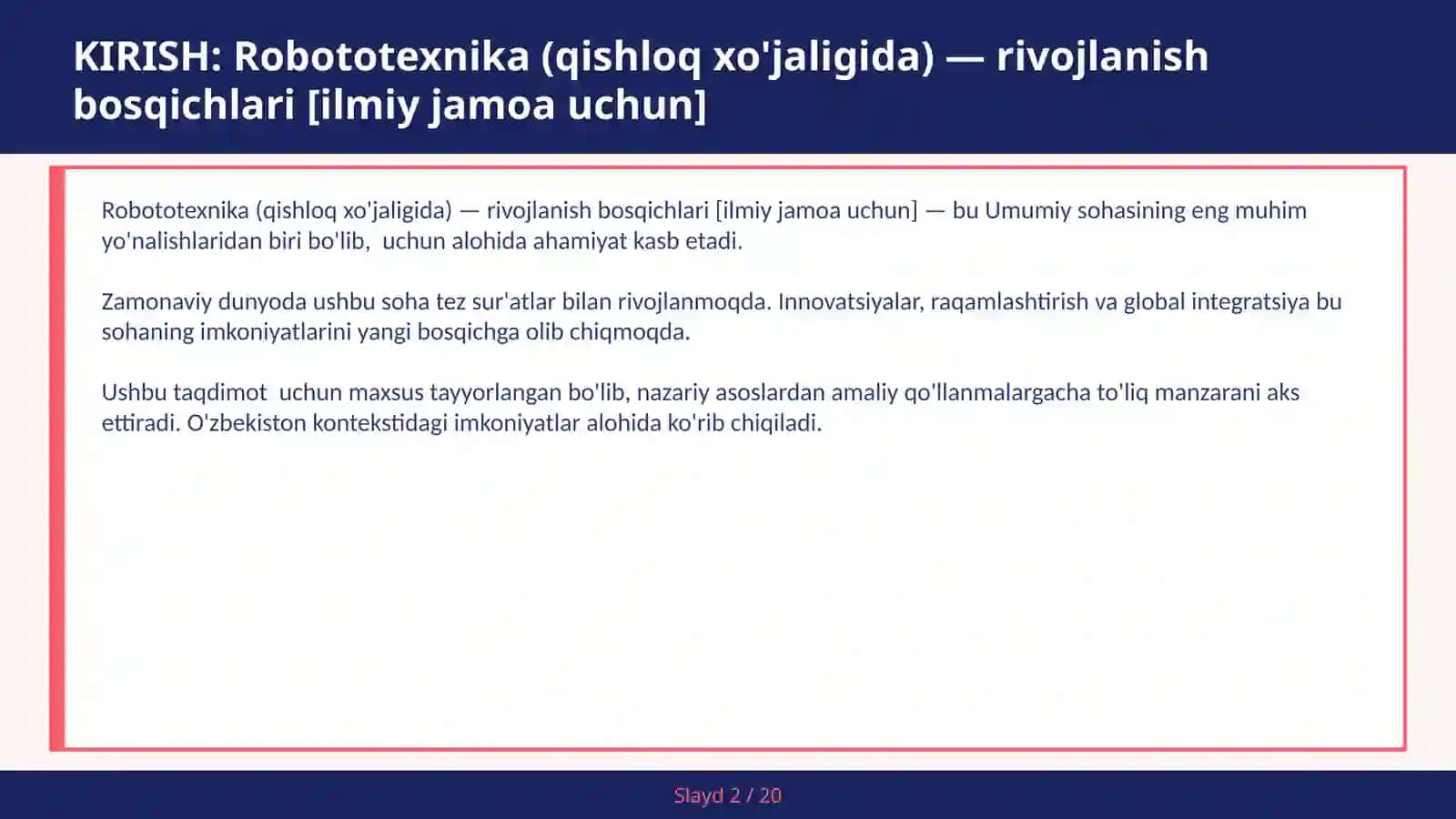 Robototexnika (Qishloq xo'jaligida) - Rivojlanish Bosqichlari [Ilmiy Jamoa Uchun] 2