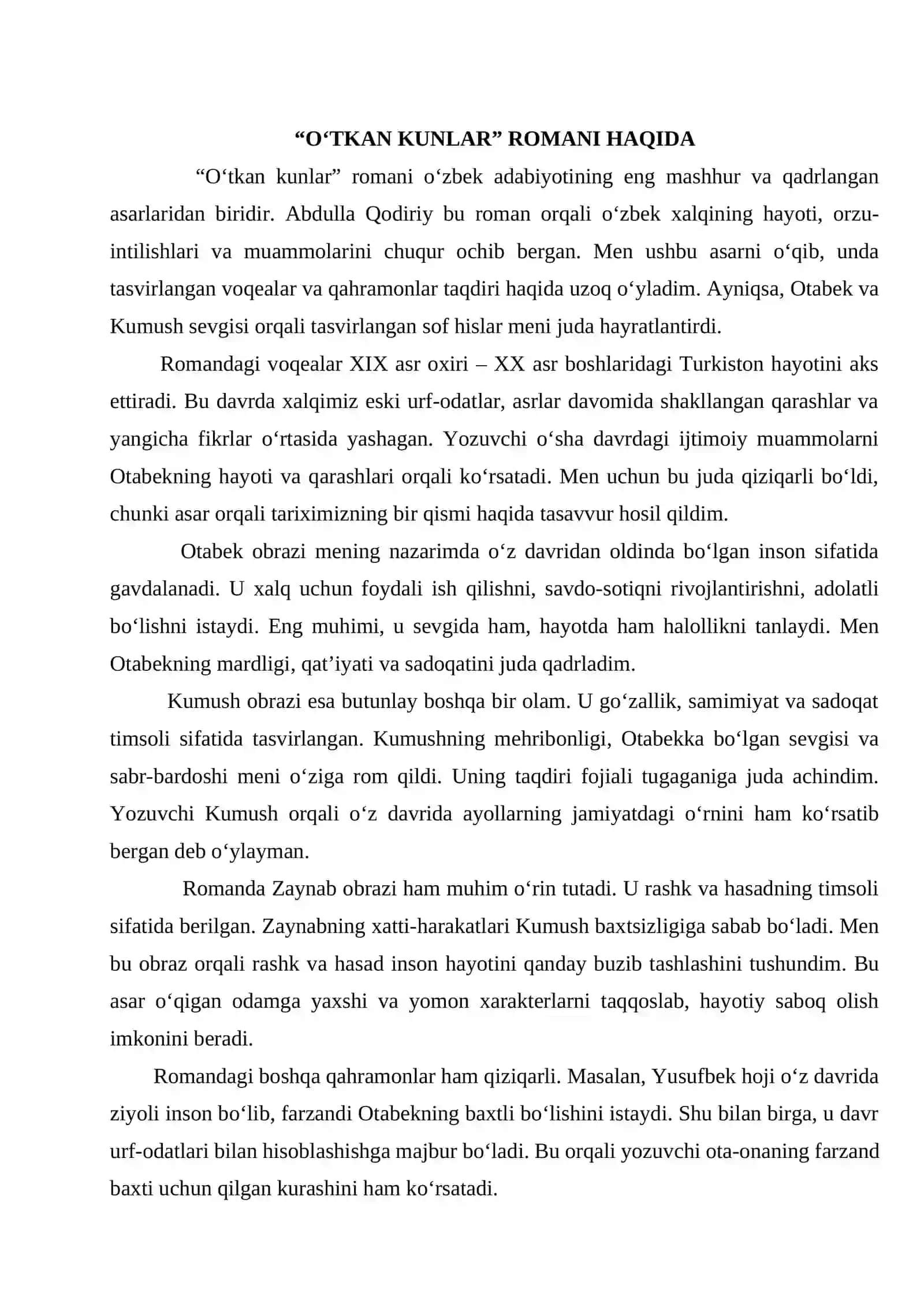 "O‘TKAN KUNLAR” ROMANI HAQIDA" ESSE 2